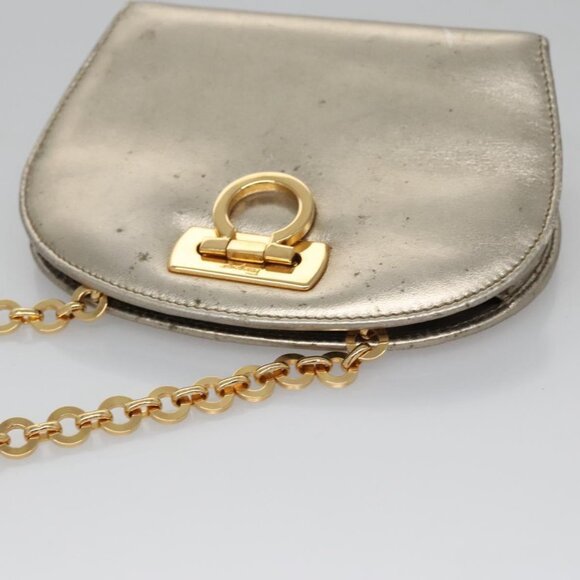 Salvatore Ferragamo Gancini Chain Shoulder Bag Leather Silver Gold Auth BD416 - Picture 6 of 14